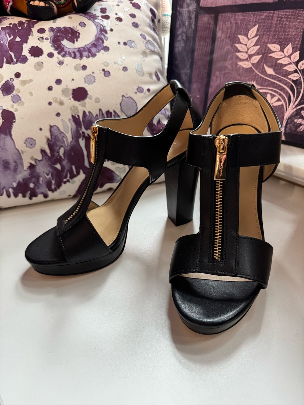 Michael Kors Black Leather T-Strap Heeled Sandals with Gold Zipper